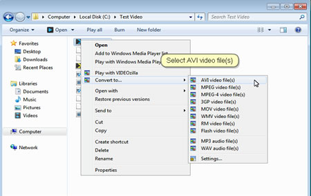 right-click select convert to avi